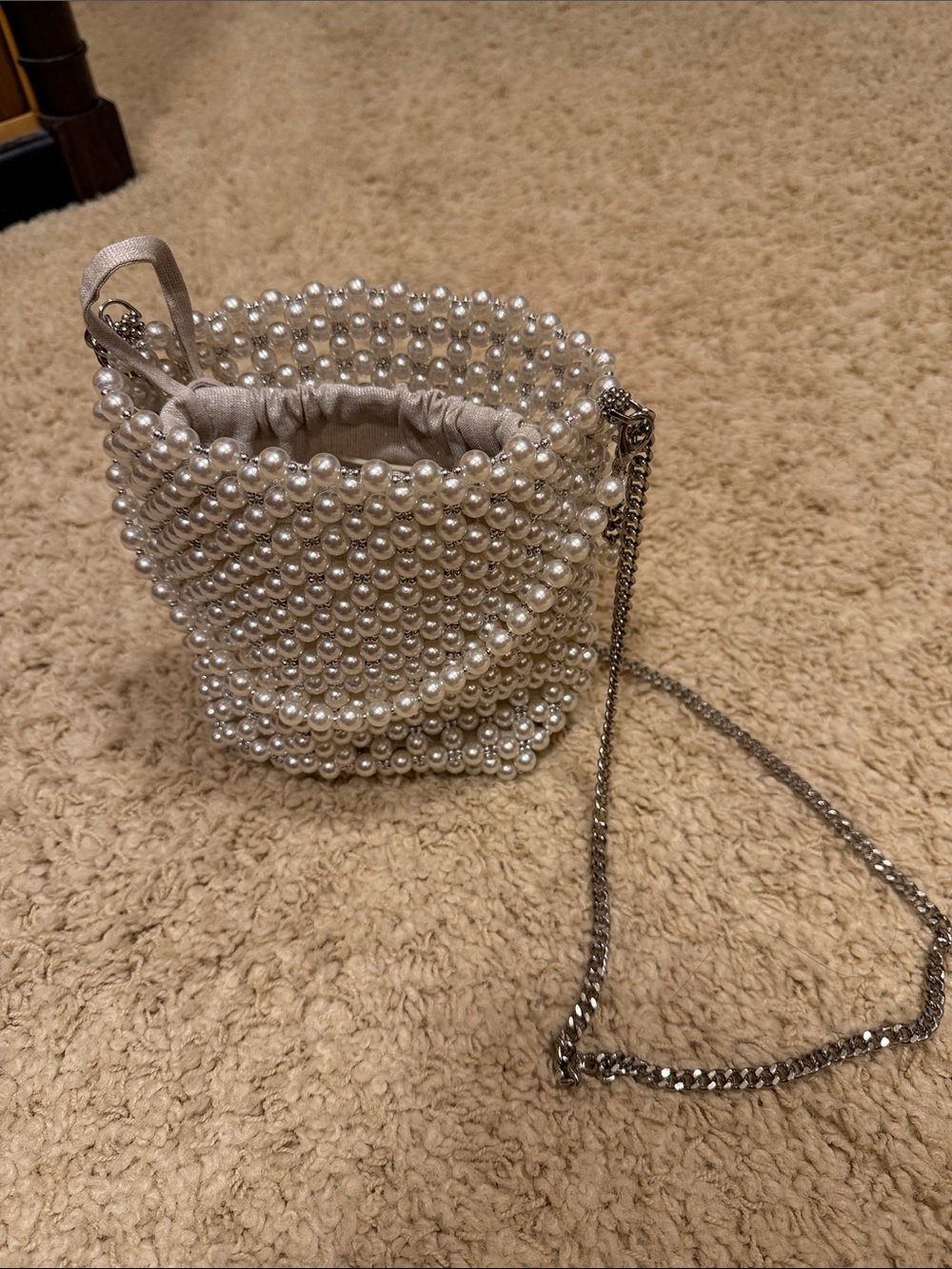 Zara Pearl Beaded Drawstring Crossbody Bag